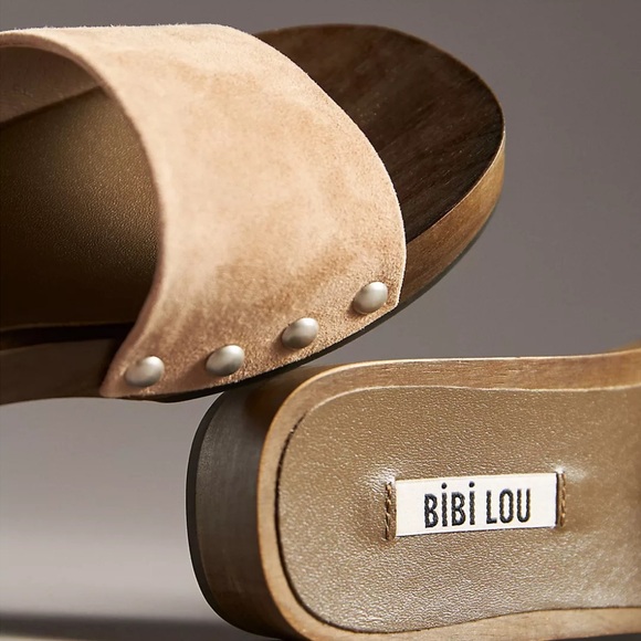 Bibi Lou Wood-Bottom Slides Sandals NEW EU 40 US 9-9.5 Taupe Anthropologie NIB - Picture 3 of 8